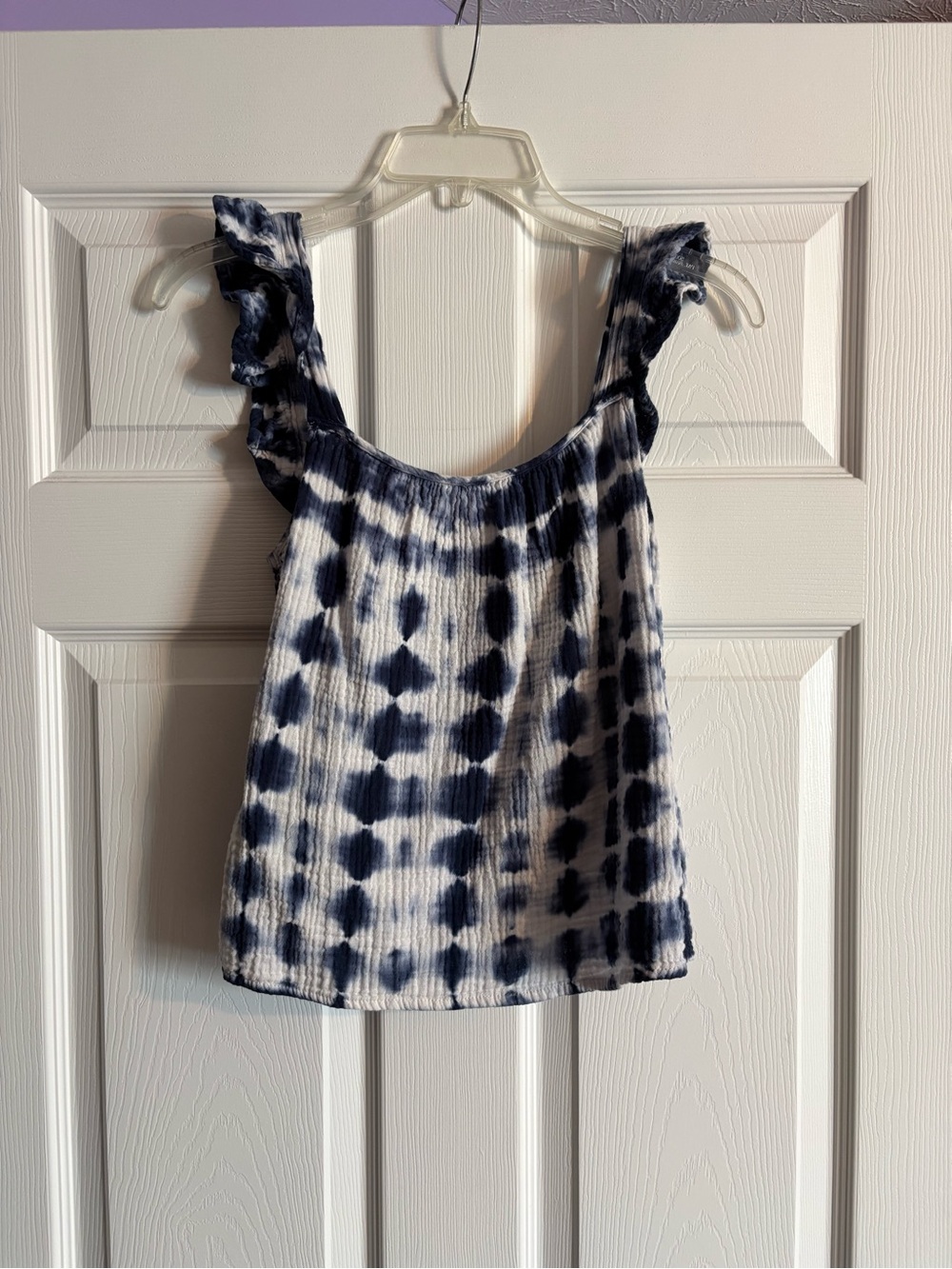 Women's Navy and White Tie-Dye Ruffle Strap Tank Top